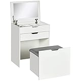 HOMCOM Schminktisch mit Hocker, Schminktischset, Kosmetiktisch mit Spiegel und Schubladen, Frisierkommode mit Kippschutz, Frisiertisch für Schlafzimmer, Weiß, 60 x 40 x 114 cm