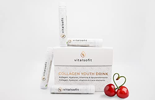 Vitalsofit Collagen Youth Drink | Anti Aging zum Trinken mit Hyaluronsäure | 2500 mg Premium-Kollagen (28 Trinkampullen a 25 ml)