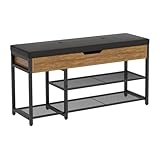 Mondeer Schuhbank mit Gepolstertem Sitzfläche, Schuhregal mit 2 verstellbares Gitterablagen Stauraum unter dem Deckel Industriestil für Flur Eingang Schlafzimmer, 96 x 30 x 50 cm, Vintagebraun-schwarz