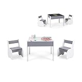 DREAMADE Kindertisch mit 2 Stühlen aus Holz, 3tlg. Kindersitzgruppe mit doppelseitige Tischplatte und Stauraum, Kinder Tisch Stuhl Set, Kindermöbel Set für Jungen und Mädchen (Hellgrau)