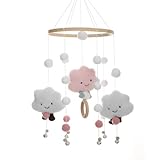 Mobile Baby Windspiele, Wolke Puppe , Holz mit Filzbällen 3D , Bettglocke Anhänger für Babybett Jungen und Mädchen (Rosa)