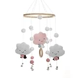 Mobile Baby Windspiele, Wolke Puppe , Holz mit Filzbällen 3D , Bettglocke Anhänger für Babybett Jungen und Mädchen (Rosa)