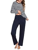 Bresdk Schlafanzug Damen Pyjama Set Lang Baumwolle Gestreift Winter Nachtwäsche für Damen Blau S