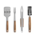 BURNHARD Grillbesteck-Set 4-TLG. 42 cm, Akazienholz Edelstahl, Grillzubehör mit Grillzange, Grillwender, Fleischgabel und Grillbürste mit extra-Langen Holzgriffen und Aufhänge-Ösen