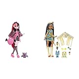 Monster High Cleo de Nile Puppe - Königliches Outfit & Draculaura Puppe - Vamp-tastische Mode, Umhang, Accessoires, Haustierfledermaus, für Kinder ab 6 Jahren, HHK51