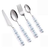 Perle Keramikgriff Küche Edelstahl Besteck Geschirr Besteck Set Kreativ Hotel Home Steakmesser Dessertlöffel (Blau,4 Stück)