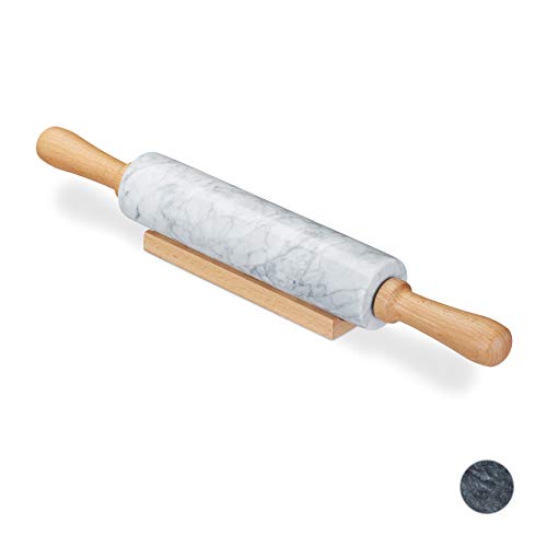 Relaxdays Nudelholz Marmor, Griffe aus Holz, Teigroller zum Kochen & Backen, mit Ablage, 48 cm, schwere Backrolle, weiß