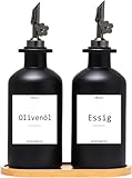 BIKALAN Essig und Ölflaschen Set, 350ml x 2 Ölflasche, Olivenöl Flasche Set, Ölspender, Automatisches Öffnen und Schließen Olivenöl Flasche, mit 22 Aufkleber, Trichter (Grau, 350ml)