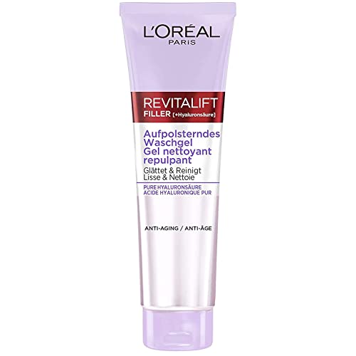 L'Oréal Paris Aufpolsterndes Hyaluron Waschgel, Anti Aging Reinigungsgel, Gesichtsreinigung mit purer Hyaluronsäure, Revitalift Filler, 150 ml