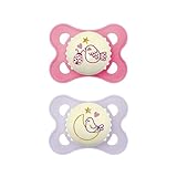MAM Original Night Schnuller im 2er-Set, leuchtender & zahnfreundlicher Baby Schnuller aus nachhaltigen & bio-erneuerbaren Materialien, mit Schnullerbox, 0-6 Monate, Vogel/Mond