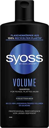 Syoss Shampoo Volume (440 ml), Volumen Shampoo für feines & plattes Haar, silikonfreies Shampoo für bis zu 48 h Volumen ohne Beschweren, vegane Formel mit Violettem Reis