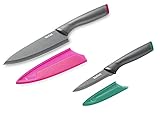 Tefal K122S2 Fresh Kitchen 2er Set Kochmesser 15 cm + Gemüsemesser 9 cm | Edelstahl Klinge + titanverstärkte Antihaftbeschichtung | Schutzhülle | spülmaschinenfest | Schwarz/Pink/Grün