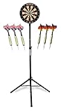 Stagecaptain DBS-1715 Bullseye Pro Dartscheibe Komplett Set - Profi Steeldartscheibe aus Sisal - Stufenlos höhenverstellbarer Ständer aus Stahl - 6 Dartpfeile und 4 Sets Flights