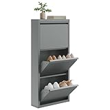 WOLTU Schuhschrank, mit 3 Klappen, Schuhregal, Schuhkipper, für 9 Paar Schuhe, aus Metall, für Flur Wohnzimmer, 50x106x15 cm, Hellgrau