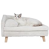 BingoPaw Luxus katzensofa Haustiersofa mit Rückenlehne Plüsch Kissen Holzbeinen, Hundesofa für kleine Hunde, Relaxsessel katzensessel für große Katzen, 70x40x39cm Beige