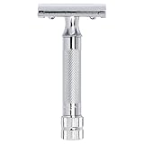 MERKUR Rasierhobel 34C | Kompaktgriff Glanzchrom | Dreiteiliger Rasierer mit geradem Schnitt | Geschlossener Kamm | Ideal für Nassrasur | Zinkdruckguss | Messing Griffstück | Made in Germany