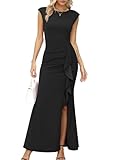 Missufe Rüsche Schlitz Meerjungfrau Bodycon Kleid Damen Maxi Abendkleider Flügelärmel Cocktail Ballkleid Hochzeit Festlich Kleid (Schwarz, klein)