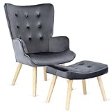 MEBEL ELITE Ohrensessel mit Hocker - Relaxsessel Samt Grau - Fernsehsessel mit Holzbeinen - Sessel Wohnzimmer mit Profiliertem Sitz - Lesesessel Bequem Leicht zu Reinigen