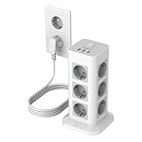 TESSAN Mehrfachsteckdose Überspannungsschutz 3600W 16A, 12 Fach Steckdosenleiste mit USB C und 2 USB A, Steckerleiste mit Verlängerungskabel 2M, Steckdosenturm Verteilersteckdose für Zuhause, Grau