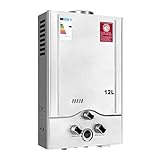 12LPM Gasdurchlauferhitzer,24KW LPG Durchlauferhitzer mit Super Niedrigem 0,2 bar Startwasserdruck,für Zuhause,Wohnmobile,Kabinen,Scheunen,Geeignet für Propan & Butan Silber