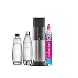 Sodastream Duo Sprudelwasser und Soda Maschine für Glaskanne | 1 Stück Glaskrug 1L + 1 Flasche 1L Edelstahl Finish Geschirrspüler + 1 60L Gas Nachfüllclip | Schwarz