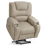 M MCombo Fernsehsessel mit Aufstehhilfe Elektrisch, mit Massage & Heizung, Relaxsessel mit Liegefunktion bis 145° 35D Vollschaum-Sitzkissen Versteckte Becherhalter 7252 (Mikrofaser, Beigebraun)
