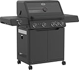 RÖSLE Gasgrill ALLFLAME Hero 4 – 4 Brenner (je 3,5 kW), PRIMEZONE, BACKBURNER, 70x45 cm Grillfläche, Gusseisenroste, Alu-Druckguss, Deckel mit Glaseinsatz, beleuchtete Drehknöpfe, schwarz