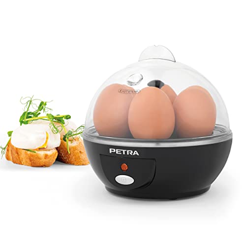 Petra PT2783VDEEU7 Kompakter elektrischer Eierkocher für 6 Eier, gekochte, mittelweich- oder hartgekochte eiers mit 2 Pochiereinsätzen, entnehmbarer Eiereinsatz und Messbecher, 430W, eierkoch