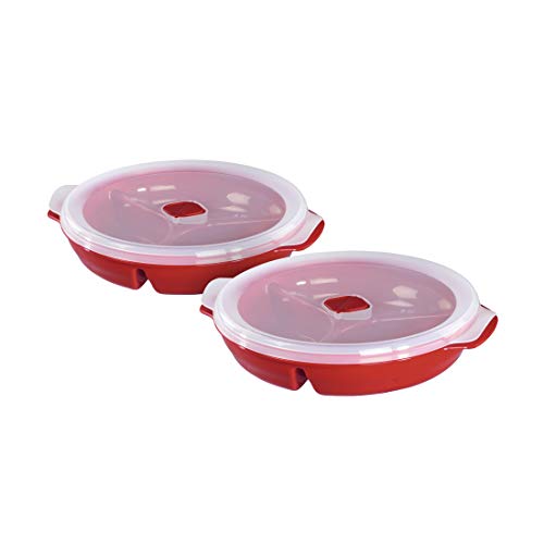 Xavax Mikrowellenteller Set mit Deckel, 2-teilig (mikrowellengeeignete Menü-Teller mit 3 Fächern, ideal zum Einfrieren/Erhitzen von Speisen, verschließbares Mikrowellen-Geschirr spülmaschinenfest) Rot