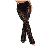 Generisch Strapse Set Rot Schwarz Damen-Bodysuit-Leggings mit hoher Taille und Spitze, transparente Stretch-Strumpfhose mit Rüschendesign Stützstrümpfe Damen Sommer (Black, L)