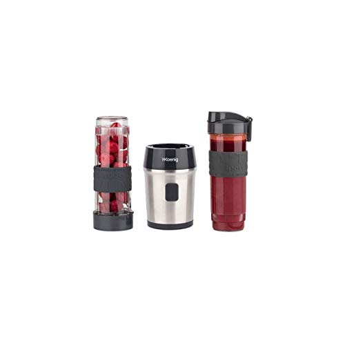 H.Koenig Smoothie Maker SMOO9 - Mini Standmixer - Mini Blender - 300 Watt - 570 ml - Edelstahl - 2 Kunststofflaschen - BPA-frei, Grau