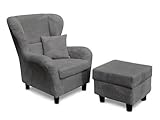 lifestyle4living - Moderner Ohrensessel mit Hocker – Große Auswahl an Stoffen und Farben - Gemütlicher Designer-Sessel im eleganten Landhaus-Stil, Cordgrau