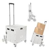 POWSTR Einkaufstrolley klappbar,50 l Kiste,bis 50 kg,Transport Trolley mit Deckel,mit Teleskopgriff,Treppenkletternde Räder,Aluminium-Griff Weiß