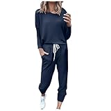 riou Trainingsanzug für Damen, Frühling und Sommer, einfarbig, Rundhalsausschnitt, Set aus Hose und Bluse, weich und bequem, für den Urlaub, leicht, elegant, Hausanzug, Dunkelblau, 54