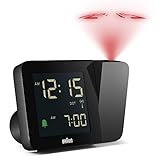 Braun Digitaler Funk-Projektionswecker für die mitteleuropäische Zeitzone (DCF) mit negativem LCD-Display, Schnelleinstellung und Alarm-Piepton in Schwarz, BC15B-DCF.