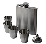 Flachmann Set mit Trichter & 4x 3cl Pinnchen – Edle Geschenkbox Verpackung, Flachmann 7 oz, 207ml inklusive 4 Schnapsgläser und Trichter