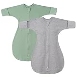 SIMYJOY 2er Pack Pucksack Baby Swaddle Schlafsack aus Baumwolle mit Arme-hoch-Design & Doppelreißverschluss, halblange Ärmel & Fäustlingbündchen,Grün&Grau