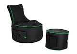 BuBiBag Gaming Sitzsack Mit Hocker für Kinder und Erwachsene - Beanbag Mit Anschluss, Halterung und Seitentasche, Outdoor - Maverick (Anthrazit-Neongrün)