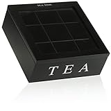 com-four® Teebox mit 9 Fächer - schwarze Aufbewahrungsbox aus Holz und Glas für Tee - Teebeutel-Box mit Sichtfenster - Teeaufbewahrung - Teekiste - Aufbewahrungs-Behälter (1 x Teekiste schwarz)