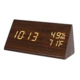 Yardenfun Digitaler LED Holz Wecker mit Temperatur und Luftfeuchtigkeitsanzeige Einstellbare Helligkeit USB und Batteriebetrieb Lauter Alarm für Tiefschläfer Modernes Dreieckdesign für