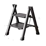 MMYUAK Arbeitsbühne Gerüst 2-3-stufige Klapptrittleiter, rutschfestes, breites Pedal, 150 kg, multifunktionaler Trittleiter-Lagerregal, Blumentopfständer aus Kohlenstoffstahl(2 Step-Black)