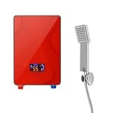 Durchlauferhitzer 220V Küche, Durchlauferhitzer Dusche 6500W, Elektrischer Wassererhitzer mit Duschdüse, LED-Digital-Temperaturanzeige, 30-55℃ Durchlauferhitzer für Küchen, Bäder, Restaurants, Rot