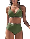 UMIPUBO Bikini Damen Set Push Up Zweiteiler Bauchweg V-Ausschnitt Große Größe Bademode Hoher Taille Colour Blocking Mit Muschelkante Badebekleidung(Grün,L)