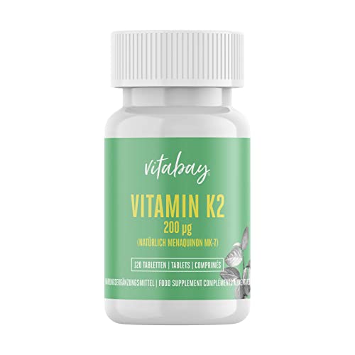 Vitabay Vitamin K2 hochdosiert 200 µg (mcg) - VEGAN 120 Vitamin K2 Tabletten MK7 MK-7 aus natürlichen Zutaten und laborgeprüft - Vit K2 Vitamin K 2 (Menaquinon-7) All-Trans Form K2 Vitamin Vitamin-k2