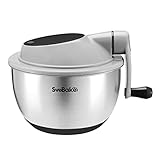 SveBake Salatschleuder Edelstahl 18/10 mit Kurbelantrieb und Stopp-Taste, 4,5 Liter Salatschüssel, Spülmaschinengeeignet, Grauer Deckel