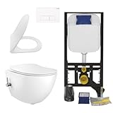 Creavit Hänge WC Set Weiß spülrandlos mit Bidet Softclose WC Sitz und 3/6 L Vorwandelement Unterputz Spülkasten Keramik