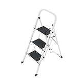 Hailo HobbyStep Stahl-Klapptritt-Leiter - 3 breite Stahl-Stufen mit Anti-Rutsch-Matten belastbar bis 150 kg - Trittleiter mit Klappsicherung - geriffelter ganzflächig aufstehender Steckfuß - weiß