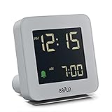 Braun Digitaler Wecker mit Schlummerfunktion, negativem LCD-Display, Schnelleinstellung und anschwellendem Alarm-Piepton in Grau, Modell BC09G.