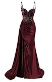 HPPEE Damen Spaghettiträger Satin Ballkleider mit Schlitz Spitze Applique Meerjungfrau formelle Partykleid, burgunderfarben, 32