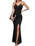 Missufe Abendkleider Partykleid Spaghettiträger Ärmellos Wickelkleid Damen Schlitz Cocktail Maxi Lang Hochzeit Ballkleid (Schwarz, Klein)